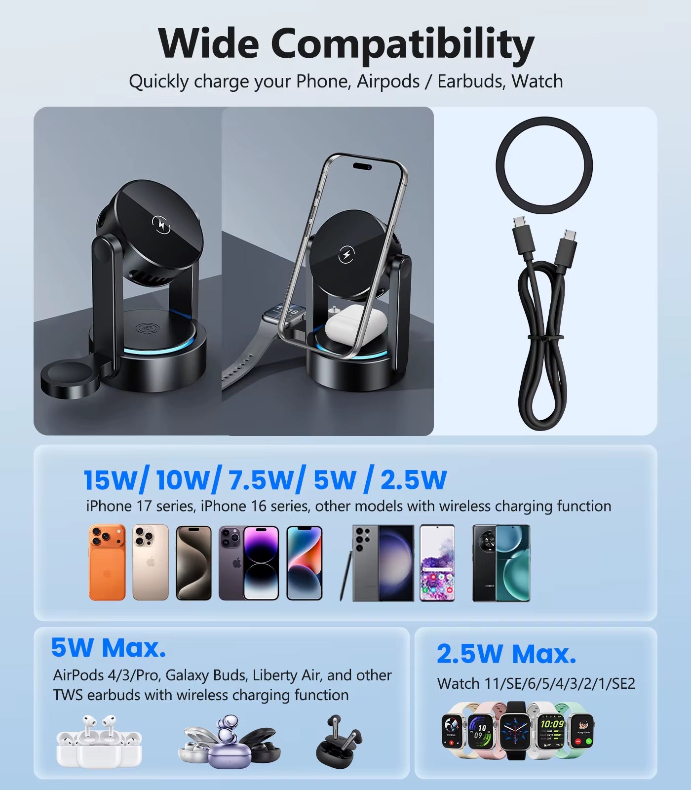 Eary 3 in 1 Wireless Charging Station for Apple for Magsafe Charger Stand for Iphone 17 16 15 14 for Airpods for Iwatch Series