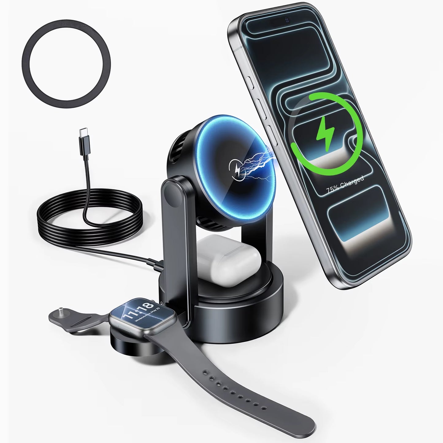 Eary 3 in 1 Wireless Charging Station for Apple for Magsafe Charger Stand for Iphone 17 16 15 14 for Airpods for Iwatch Series